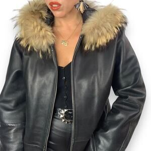 ❌SOLD❌Vintage MARVIN RICHARDS hooded leather coat with genuine raccoon fur